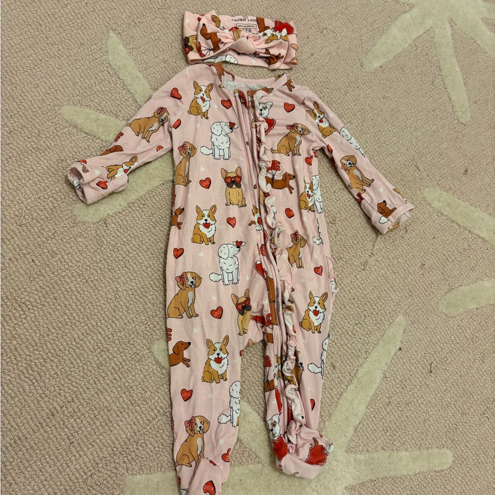 Caden Lane Pink Heart and Dog Print Footie